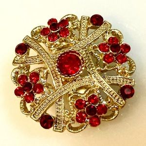 Red Crystals - Gold Tone Brooch Pin - NO CRYSTALS MISSING - Glamorous - Sexy